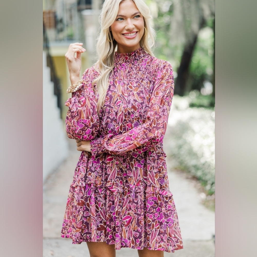 AVARA Purple Floral Smocked Baby Doll Long Sleeve Tiered Vacation Dress